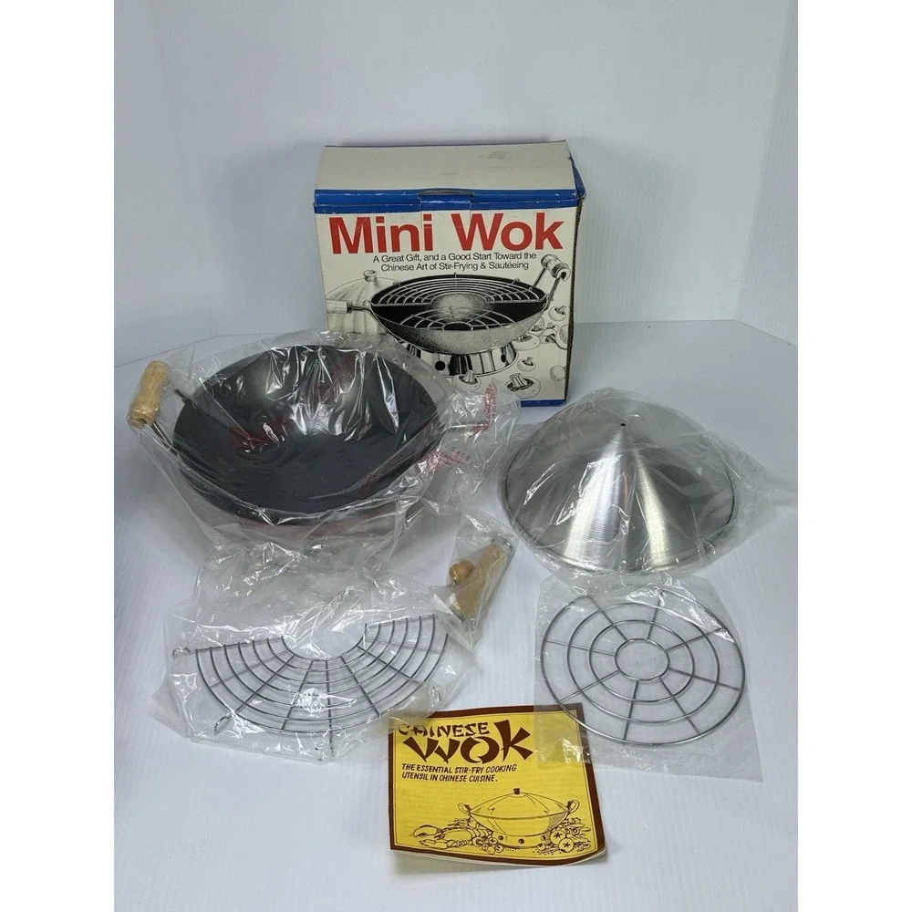 Vintage Pier 1 Mini Wok 6 Piece Nonstick Wok Lid Ring Steamer Tempura Book NOS